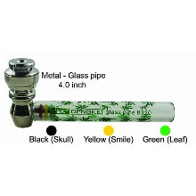 4 Inch Green Leaf Metal and Glass Hand Pipe