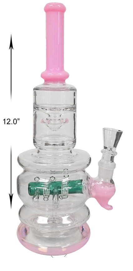 12 Inch Pink And Green Double Percolator Water Pipe